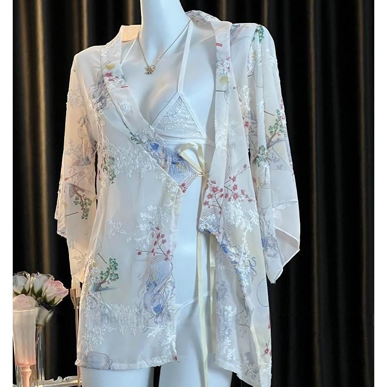 Elegant Japanese Chiffon Kimono Nightgown with Bow Embroidery