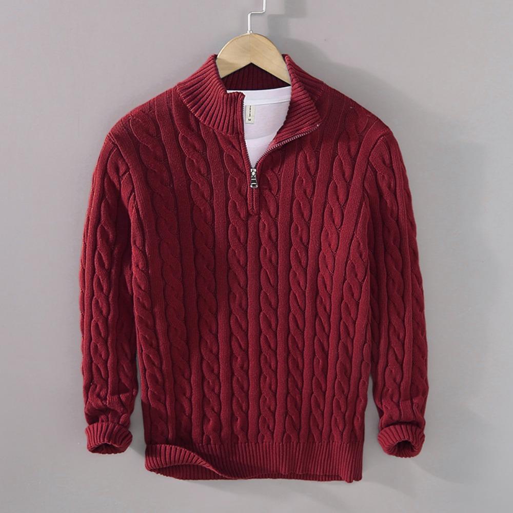 

100% Cotton Sweaters Men s High Quality Autumn Cable Knit Sweater with Zipper Turtleneck Pullovers Zipper Pull Homme M вино красного