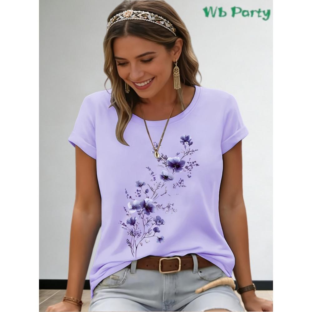 Elegant Floral Branch Print Casual Women's T-Shirt Crew Neck Short Sleeve Tee for Women Summer Holiday Daily Fashion Streetwear