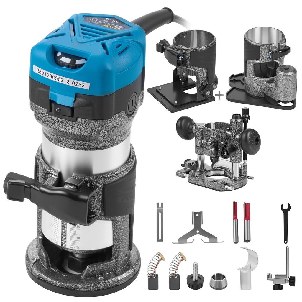 6.5Amp 1-1/4 HP Wood Router Tool Kit Max Torque 30,000RPM Variable Speed Compact Router Kit With Fixed Base, Plunge Base, Tilt Base and Offset Base
