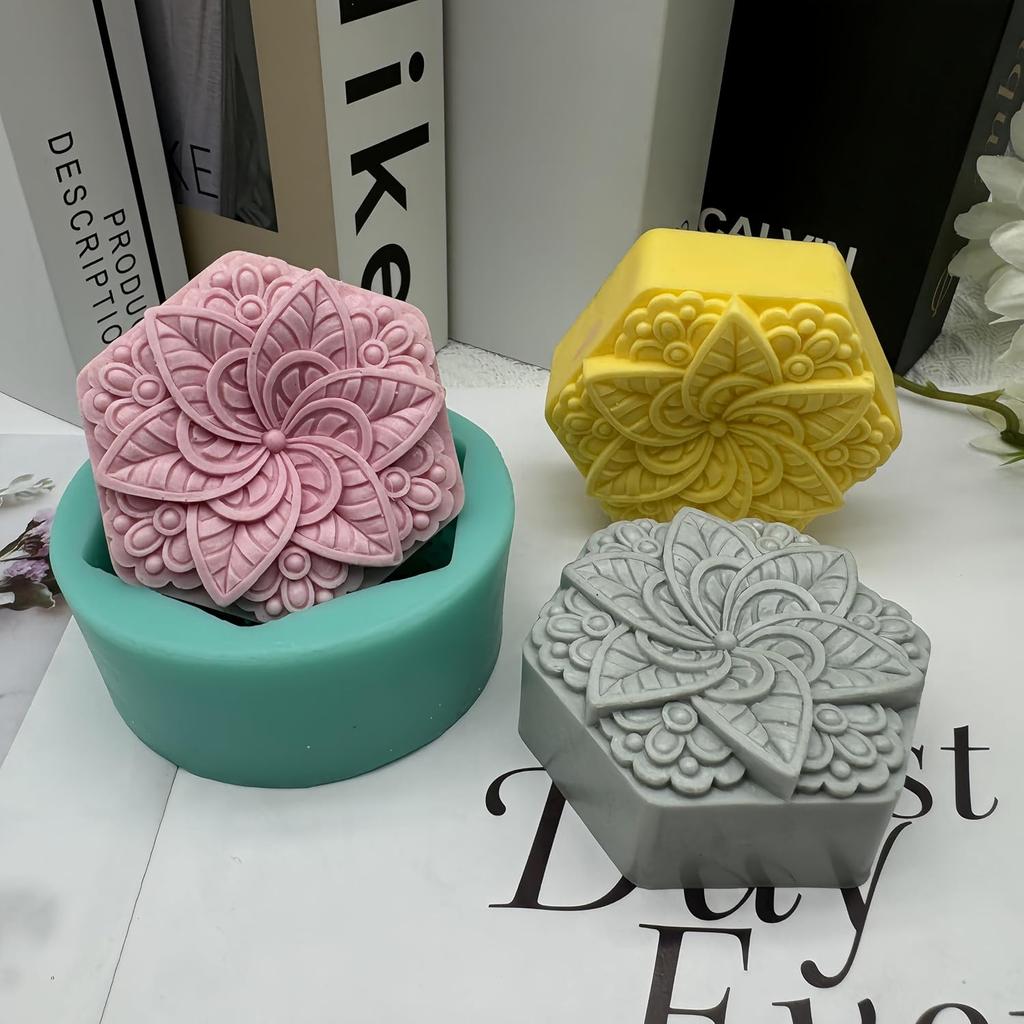 Hexagon Classical Pattern Soap Mold Candle Wax Molds,Decorated Epoxy Resin Aroma Plaster Diffuser Mould,DIY Silicone Mould for Handmade Soap Making