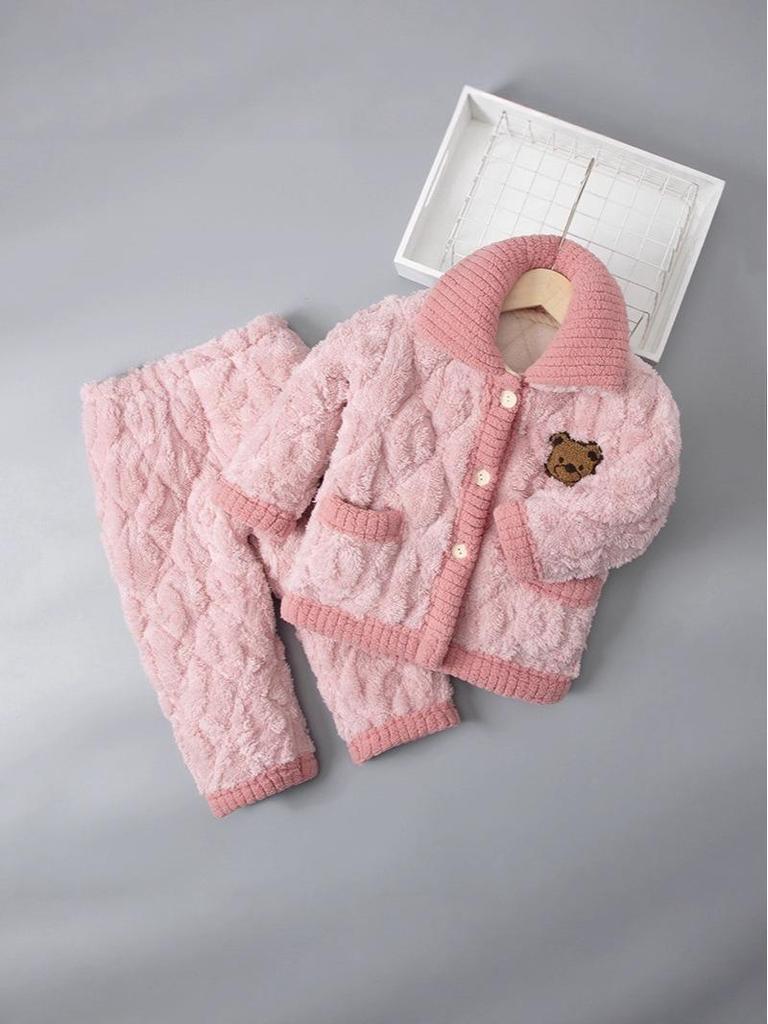 Children's Winter Flannel Pajamas: Thick Coral Fleece, Three-Layer Quilted, Parent-Child Matching Set