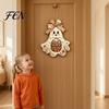 Vintage Style Halloween Sign Cute Bow Ghost Hanging Sign, Rustic Retro Floral Door with Pumpkin Party Background Decor Basket, Wooden Pendant