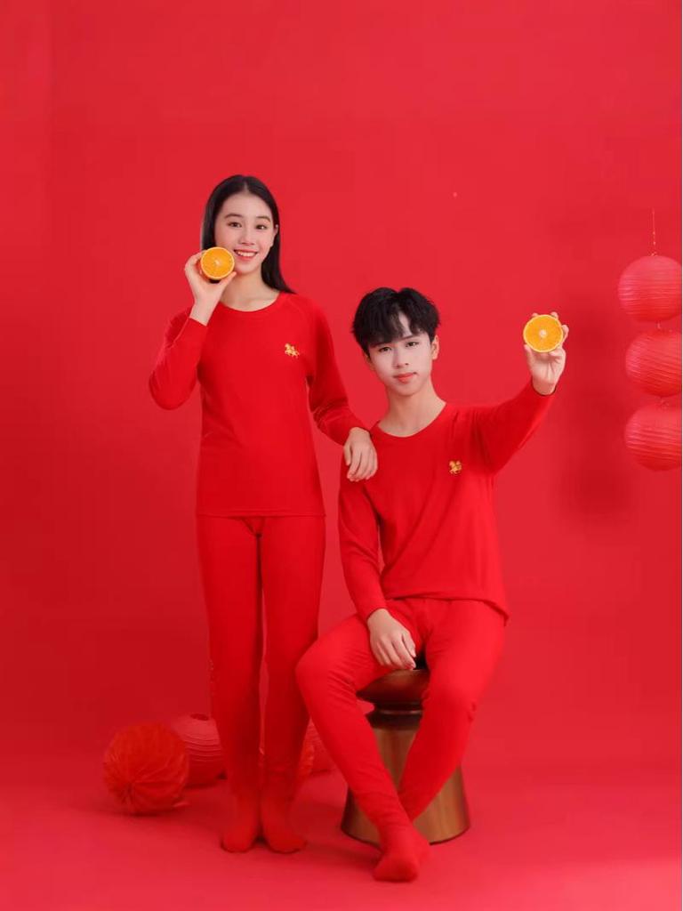 Teen Zodiac Year Warm Underwear Set: Boys' Bright Red & Girls' Year of the Horse Red Autumn Top and Pants