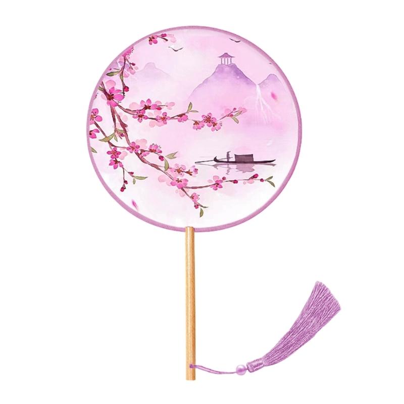 Chinese Fan with Pendant Handhelds Inks Painting Fan Tassels Round Silk Fan