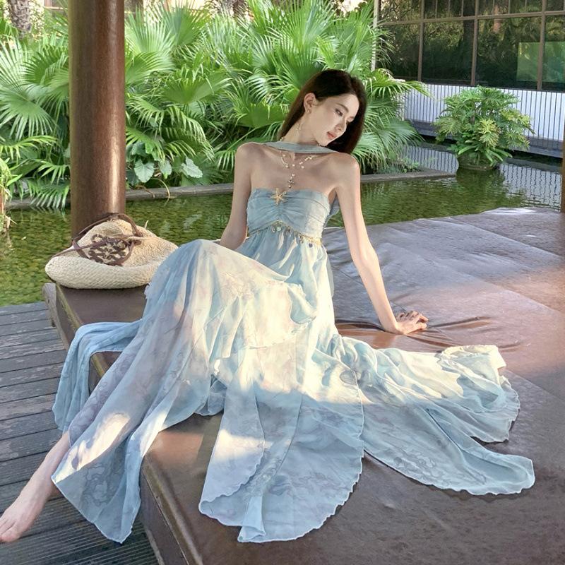 Summer Suspender Dress Women's Slim Temperament Dress Long Dress Tube Top Neck Floral Vacation Beach Dress