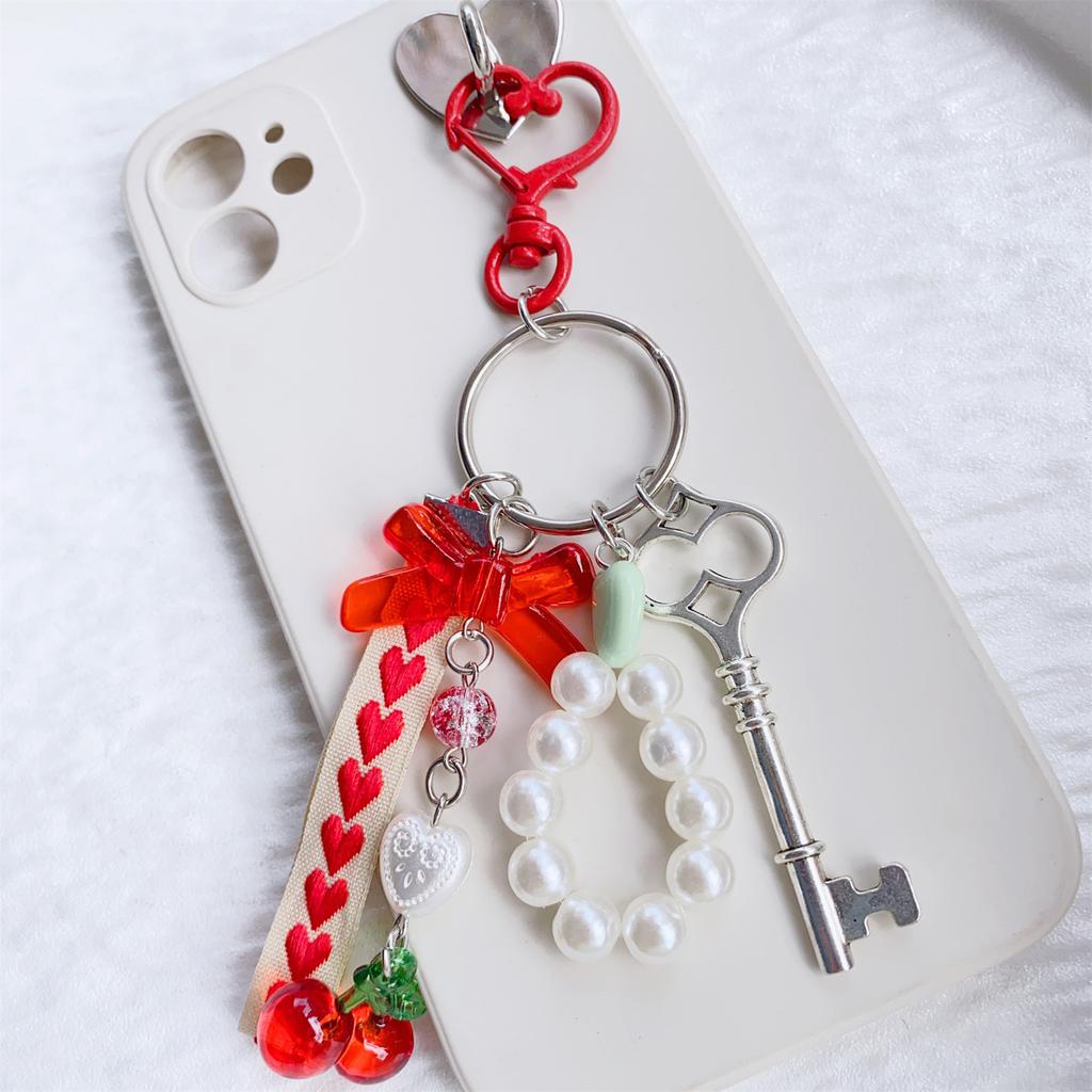 Handcrafted Pearls Beaded Keychain Cherry and Bowtie Charm Keyring Pendant Handmade Bag Decoration Women Accessory