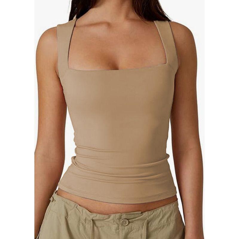 Solid Color Square Neck Sleeveless Top Solid Color Square Collar Slim Fit Sleeveless Top Female