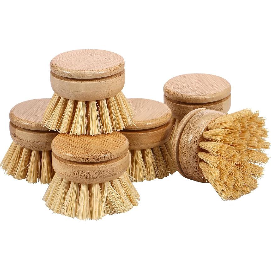 6pcs Bamboo Dish Brush Replacement Heads, Wooden Dish Brushes for Cleaning – Kitchen Wood Dish Scrubbers Washing Up Brush Heads – Natural Bristle