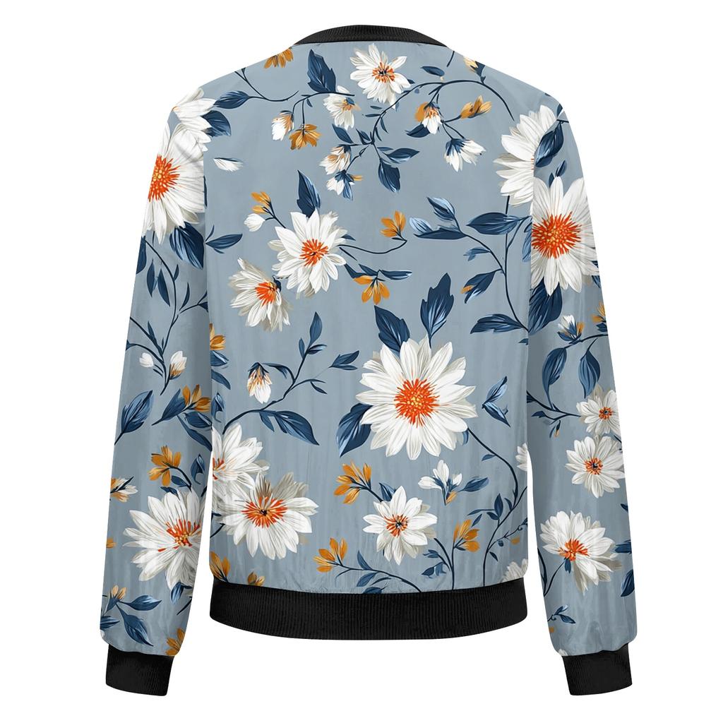 Damenmode Langarm Blumenprint Rundhals Reißverschluss Jacke