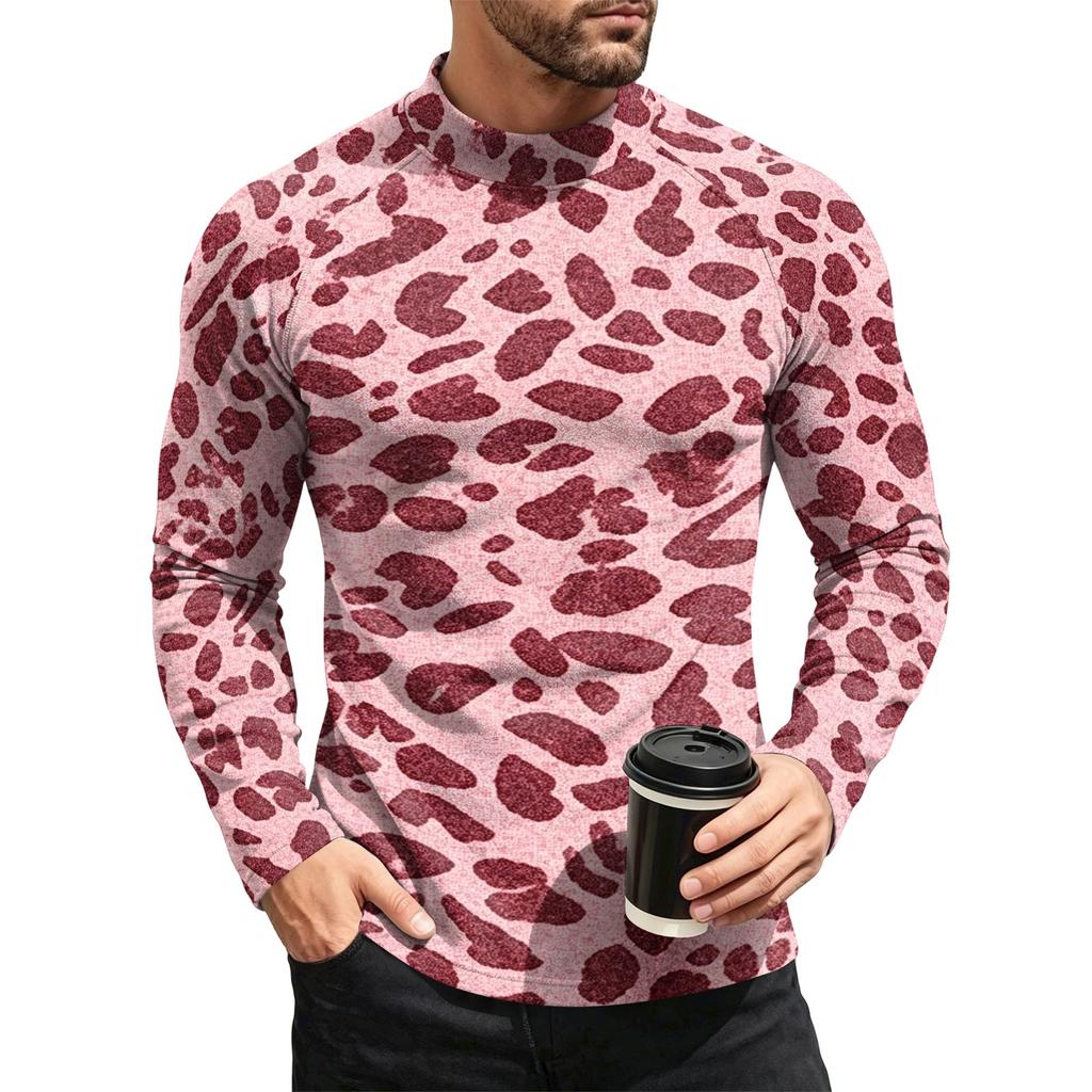 Men's Leopard Print Long Sleeve Crewneck Base Layer Shirt for Fall Winter Everyday Wear
