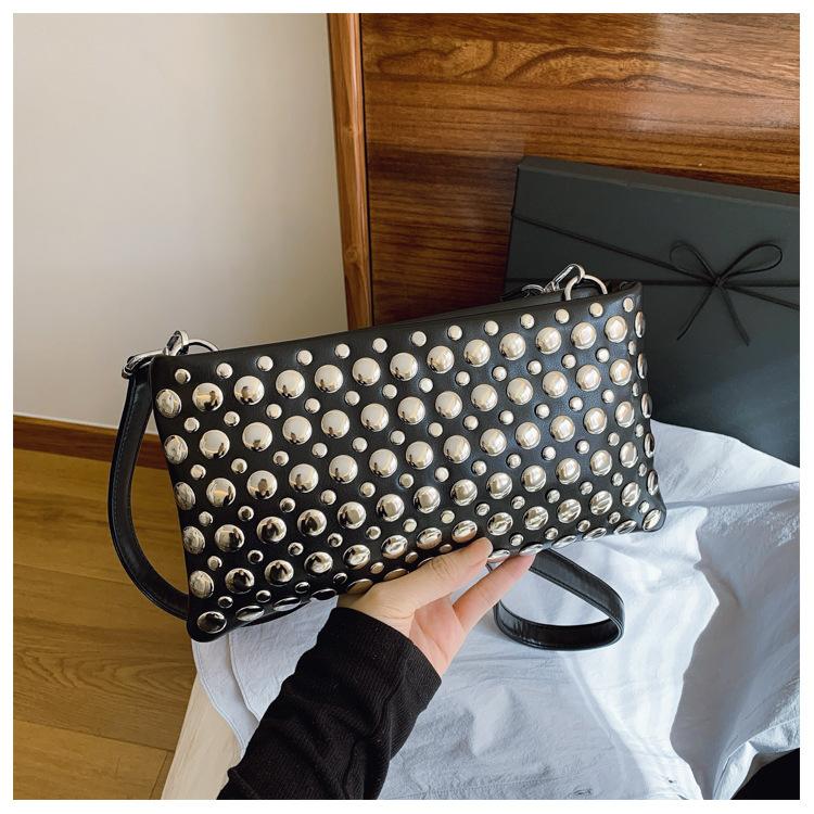 Women's Bag New Rivet Small Square Bag Textured Shoulder Bag Wide Shoulder Strap Crossbody Women's Bag