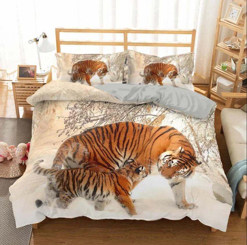 Tiger Duvet Cover Set King/Queen/Full Size Wild Theme Bedding Set Animals Pattern Polyester Comforter Cover with 1/2 Pillowcases