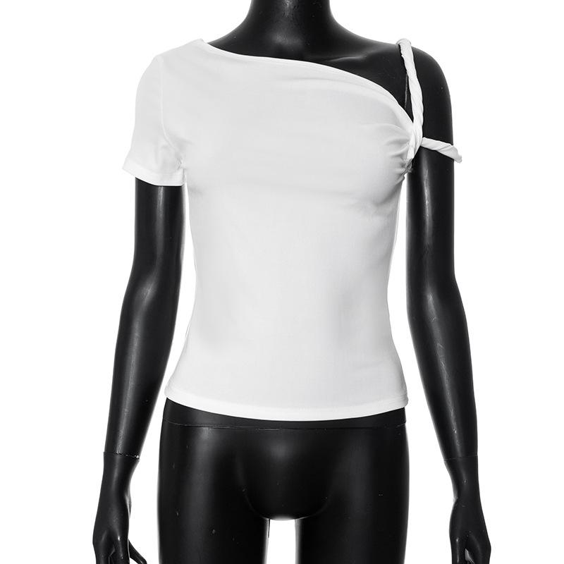 

Жіночі модні повсякденні літні весняні одноколірні блузки та сорочки з косим коміром із коротким рукавом і принтом S білий