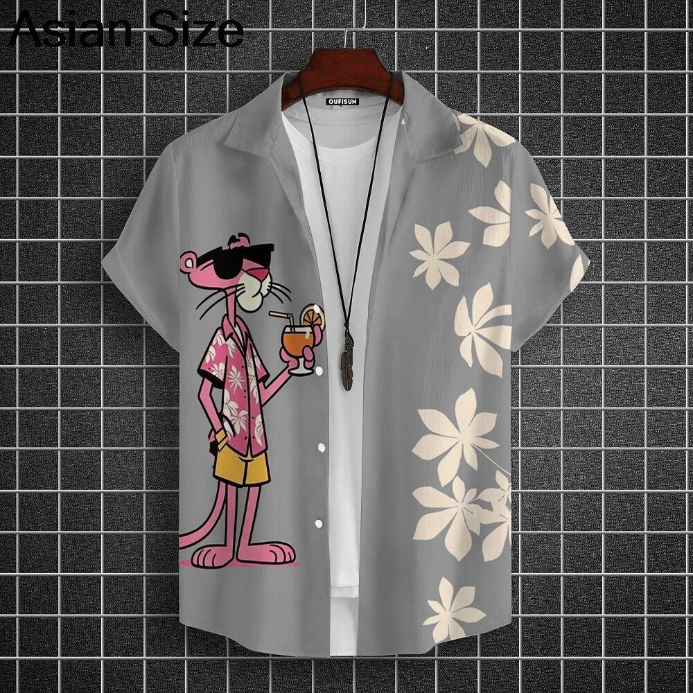 Cartoon Leopard Grafik Herren Kurzarm Hemd mit Kragen Oberteile Unisex Rosa Knopfleiste Hawaiian Hemden Sommer Täglich Damen Blusen