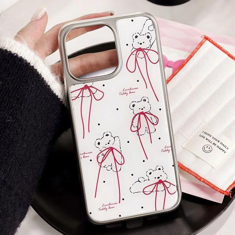 Japan and South Korea Ins Long Bow Bear Is Suitable for Apple 16/17 Mobile Phone Case iPhone14 Water Condensation 13 Electroplating 15 Sets