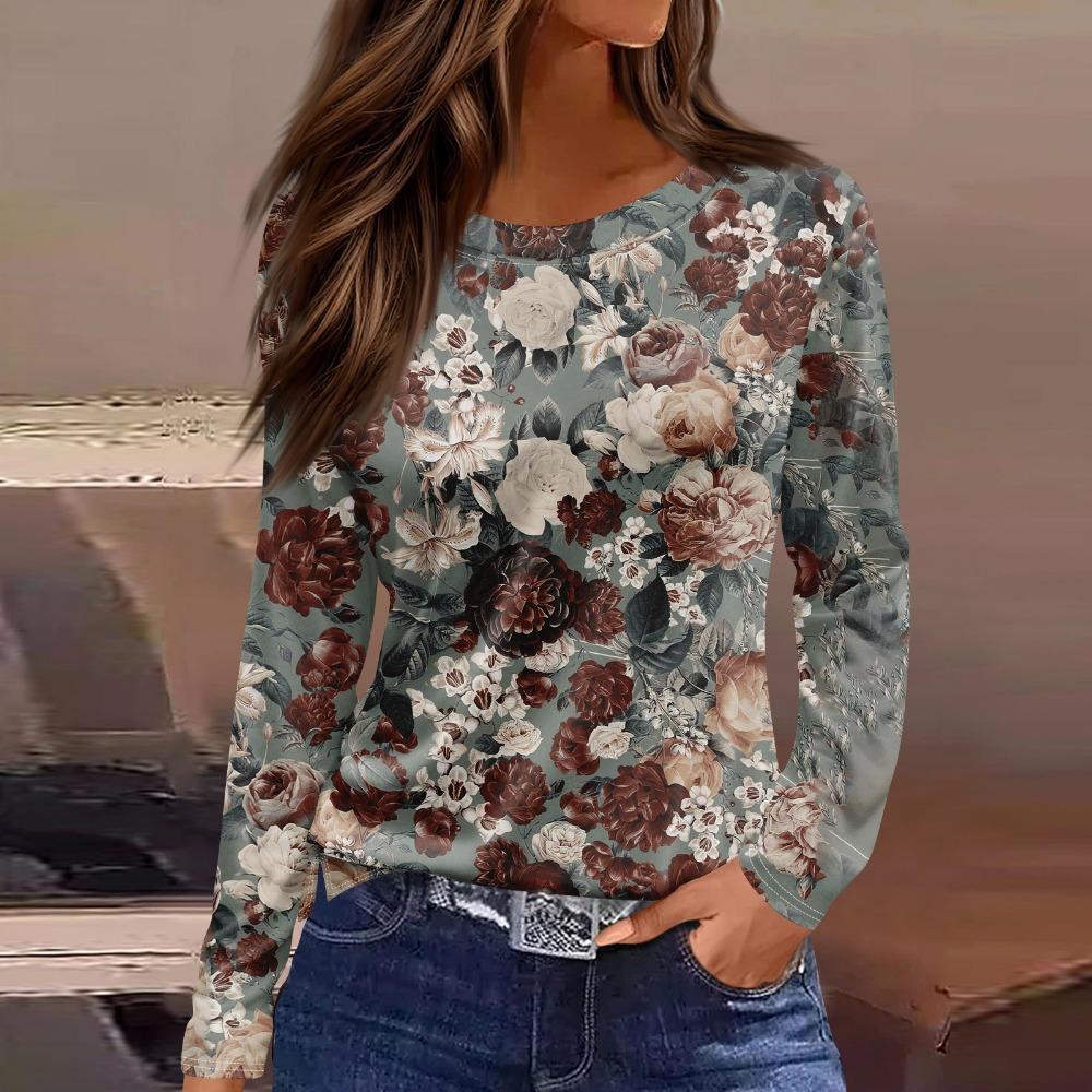 Spring Casual Fashion Loose Printed T-shirt Ladies Casual Round Neck Long Retro Beautiful Tops Female Models