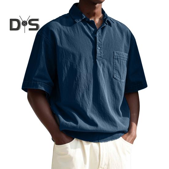 

Мужская футболка с лацканами, короткий рукав, повседневная летняя футболка с нагрудным карманом, однотонная свободная футболка для офиса, отпуска, повседневная одежда XXXL темно-синий