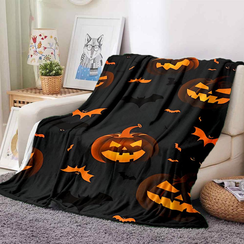 1pc Pumpkin Bat Print Blanket - Lightweight Flannel Throw Blanket For Sofa, Bed, Living Room, Office, Outdoor Travel, Camping, Soft All-Season070