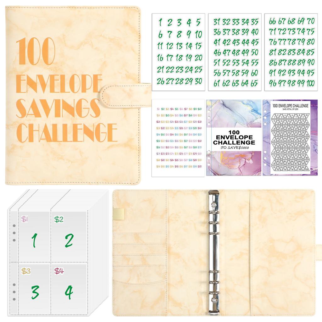 100 Envelope Money Savings Challenge Binder Set A5 PU Leather Students Notebook Marble Budget Binder with Cash Pockets