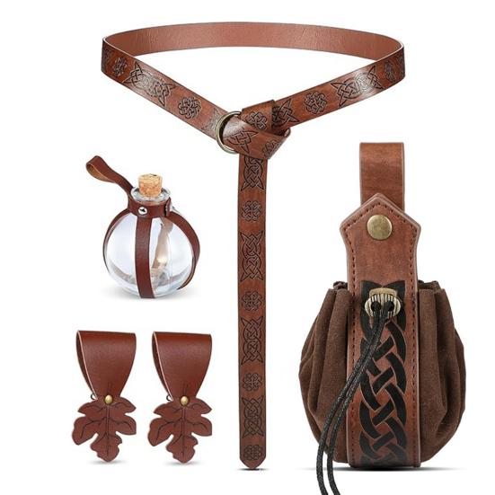 Renaissance Belt with Potion Bottles Adjustable Faux Leather Waist Bag Halloween Viking Costume Accessory