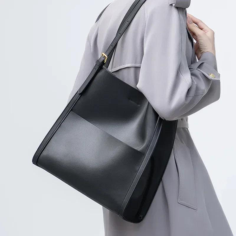 Ladies Soft Cowhide Tote Casual Bucket Handbags Girl Female Luxury Design Shoulder Bags Women‘s Natural Cow Real Leather Bag