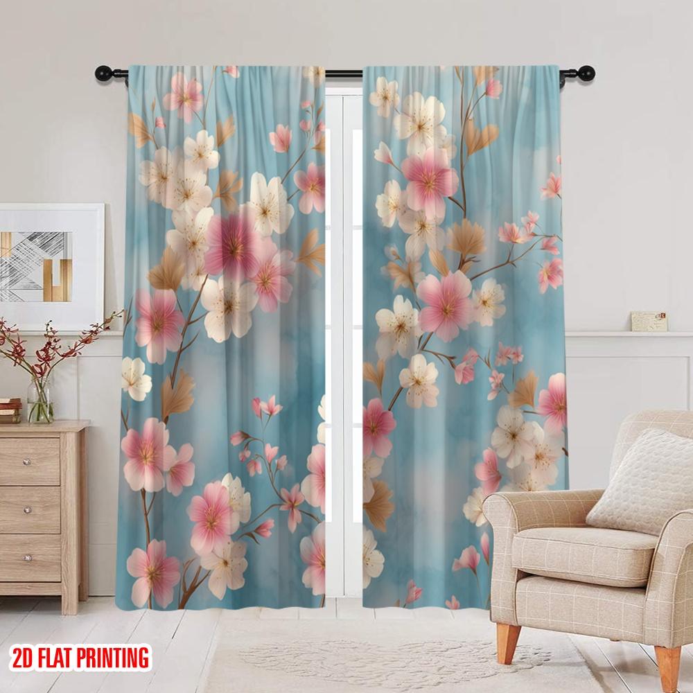2 Stück, 2D-Flachdruck Vorhänge & Fensterdekoration Kirschblüten auf blauem Polyesterstoff (ohne Stange) Art Deco Festlich für