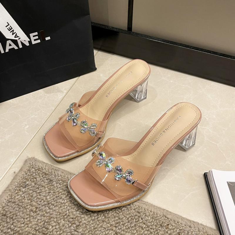 Wear Transparent Cool Slippers Outside 2025 Summer New Fairy Versatile Temperament Rhinestone Open-toed Thick Heel High Heel One-word Drag