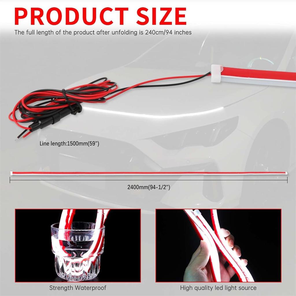 94.5 Inch Car Hood Light Strip, White Exterior Dynamic Car LED Hood Light, Flexible & Waterproof, Universal Exterior Daytime Running Light Strip With