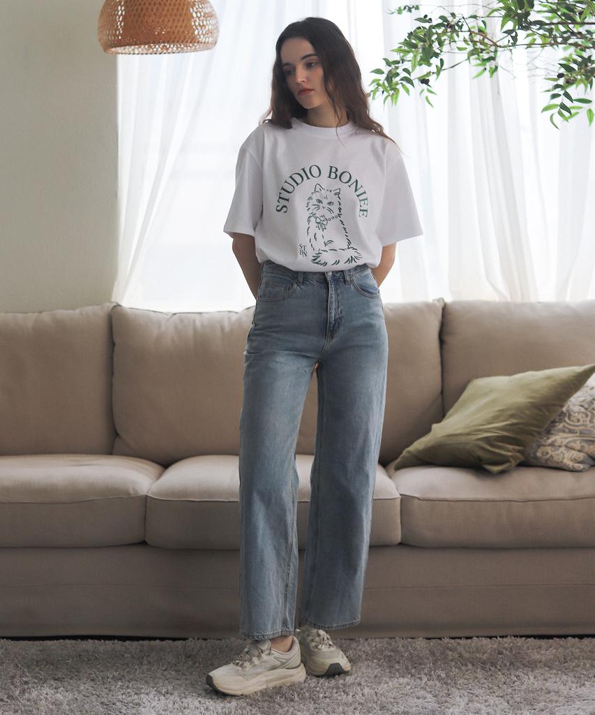 BONIEE New Cat Symbol Cat Graphic Loose Oversized T-Shirt White
