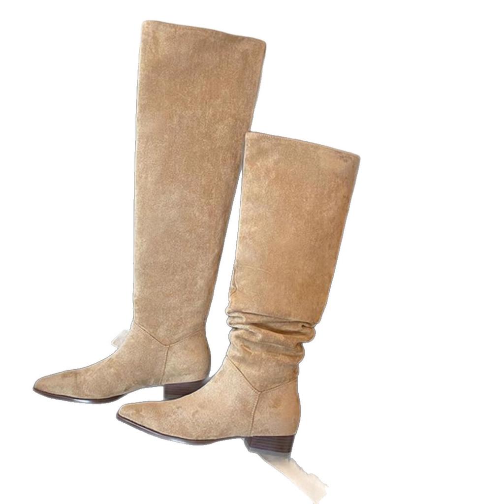Big Tube Circumference Piled Boots Wrinkled But Knee Boots Women's Autumn and Winter Thick Heel Heightening Knight Boots Maillard Western Boots