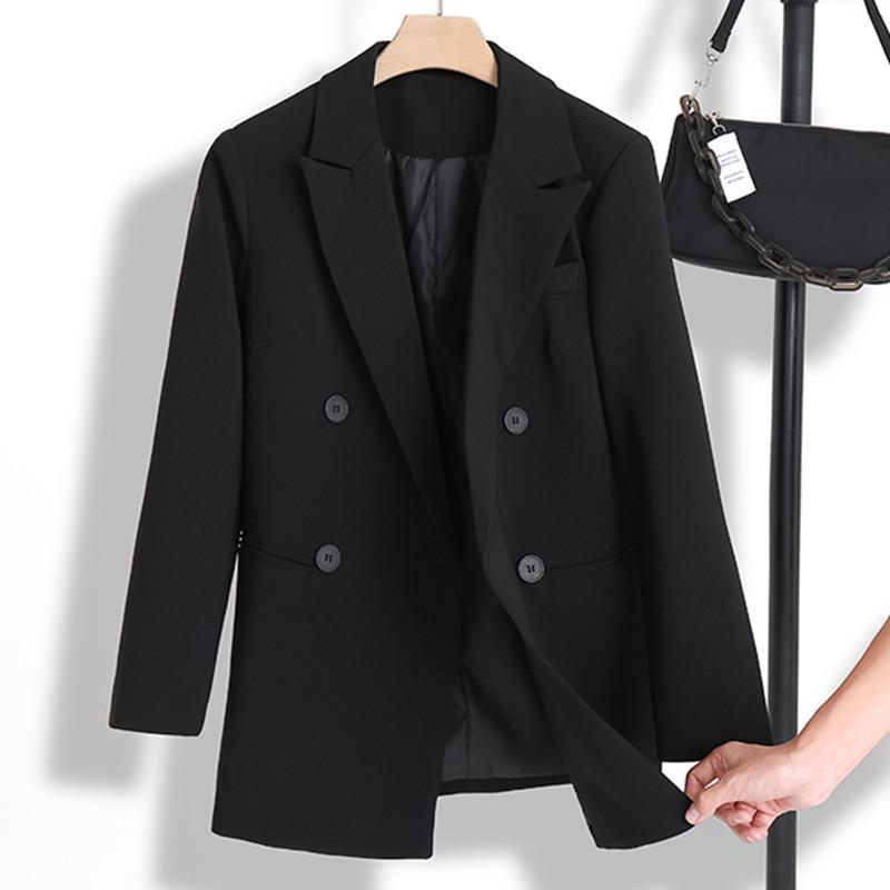 Women's 2023 Black Korean-Style Loose Mid-Length Casual Blazer Jacket