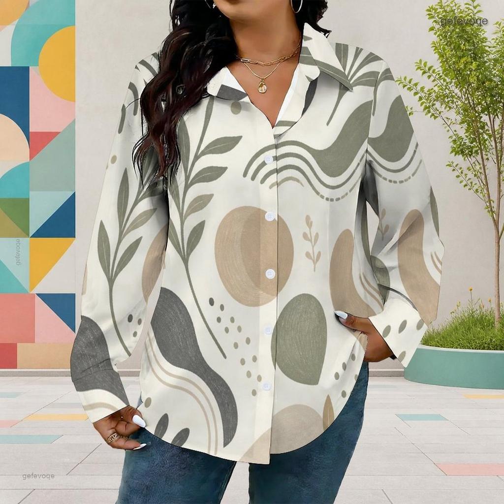 Women Plus Size Collared Long Sleeve Abstract Geometric Printed Button Front Shirt