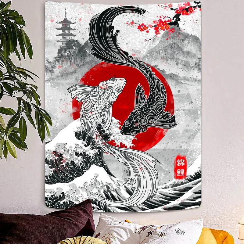 VIKAMA Japanese Wabi Sabi Tapestry Black White Koi Cherry Blossoms Fuji Boho Wall Hanging Home Office Decor