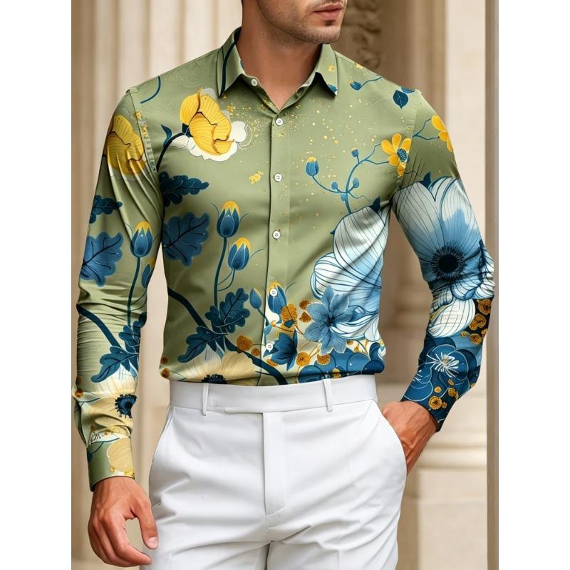 Men's Blue and Yellow Flower Printed Long Sleeve Shirt with Flip Collar Flower Shirt, Vacation Casual Trendy Men's Top
