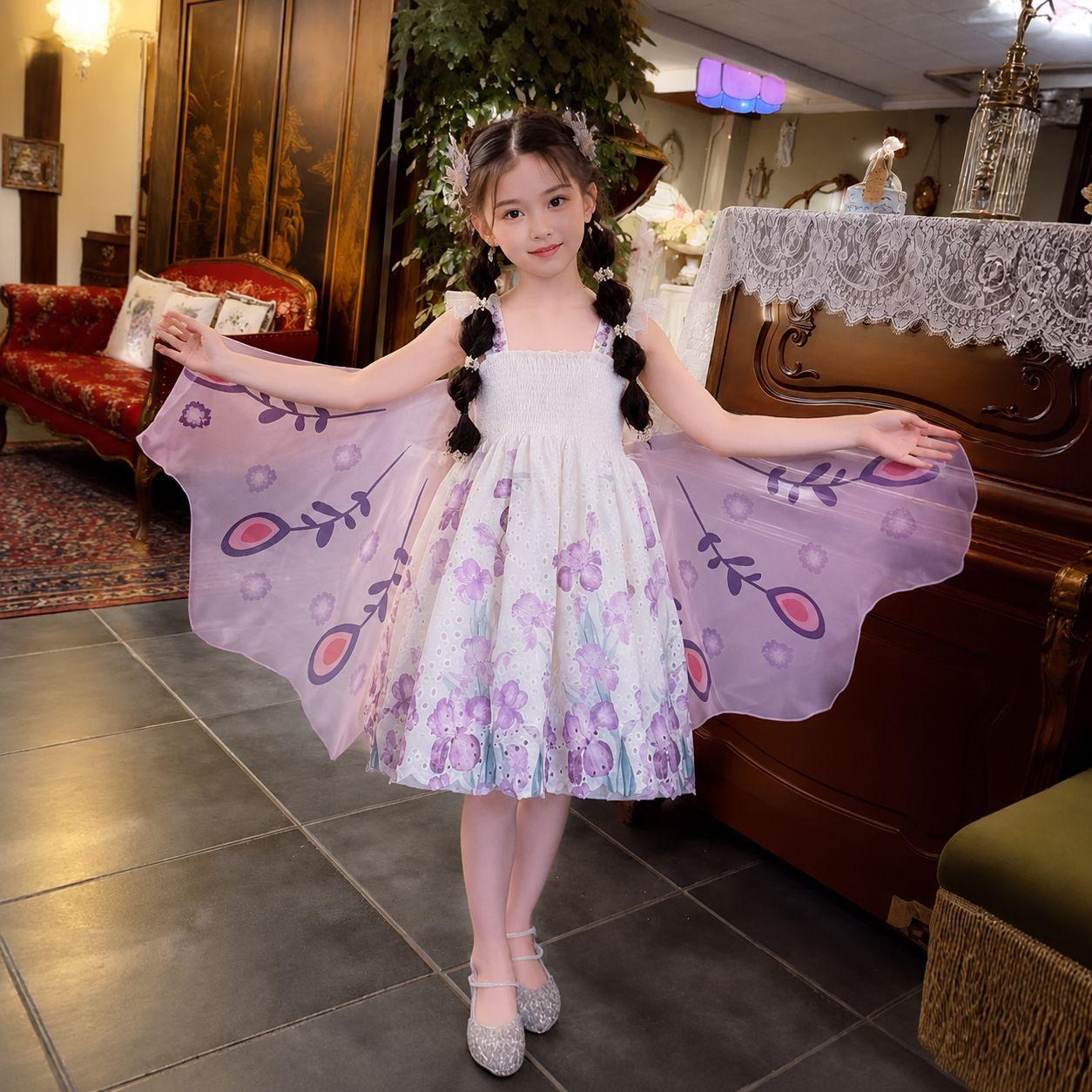 Girls Summer Hanfu Princess Dress With Floating Print Wings Sleeveless Strap Sundress For Kids 90