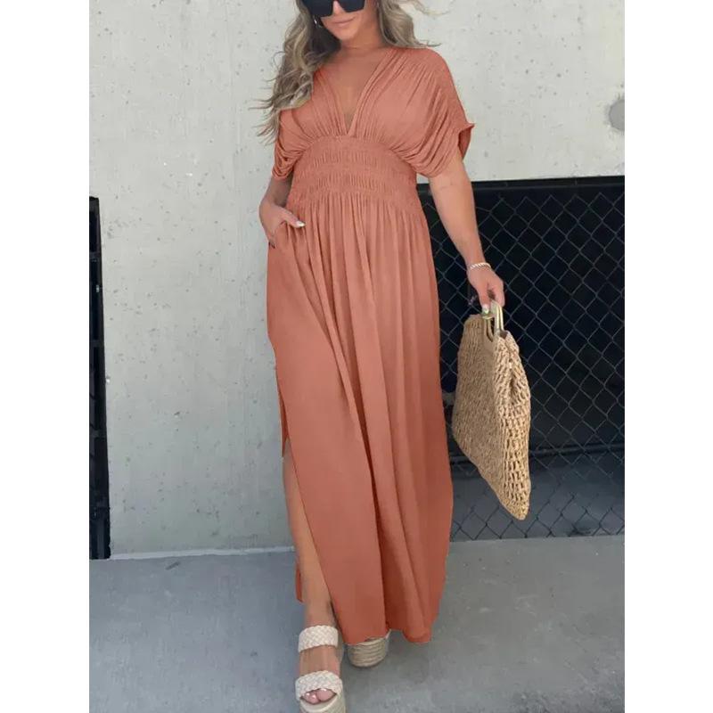 Summer V-neck Batwing Sleeve Elastic Waist Split Long Dress