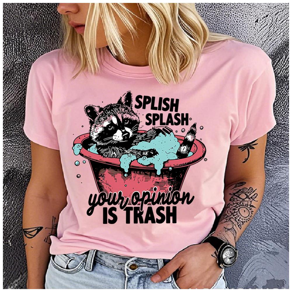 Unisex 100% Polyester Summer Top raccoon is taking a bath in the red bathtub Print Loose round Neck Short Sleeve Fashion for Lovers
