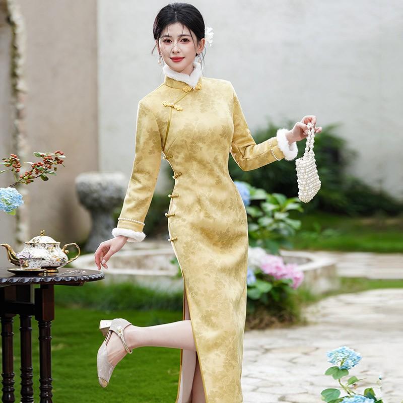Womens Winter Warm Lined Qipao Dress With Stand Collar Long Sleeve Vintage Chinese Style