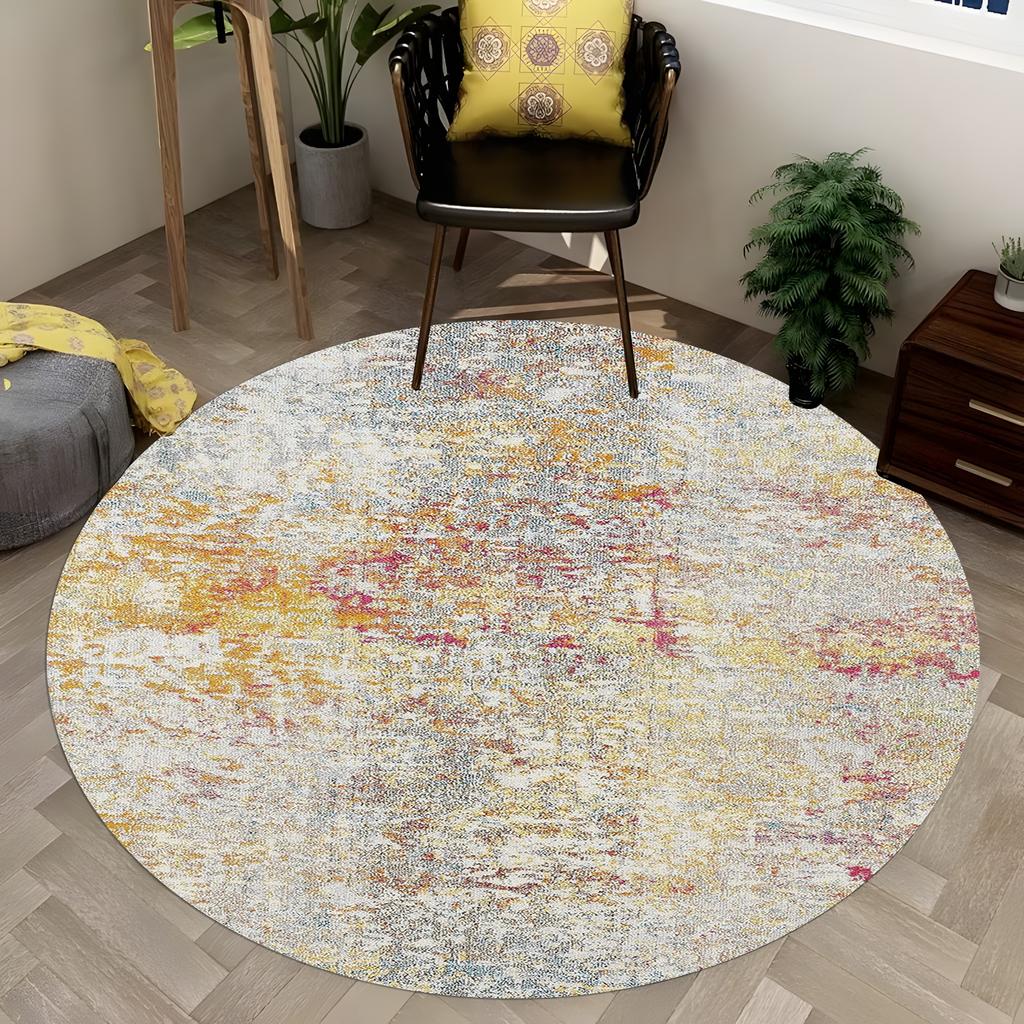 Runder Vintage-Teppich mit Used-Look, Graue Basis mit gedämpften Gelb-/Rot-/Blau-Akzenten, Boho-Chic-Teppich für das Wohnzimmer, Dekor mit gealterter Textur