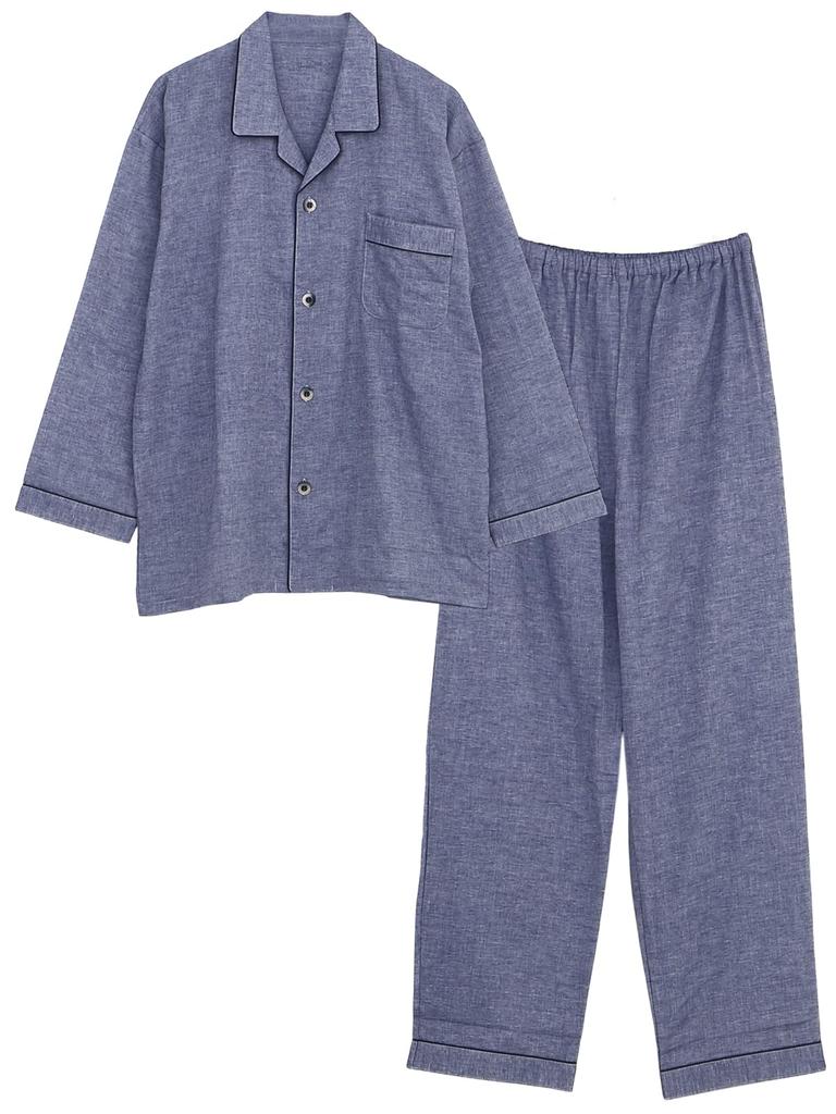 Kaituck Family Suimin Care Gauze Pajama Made in Long Available in Sizes and Navy and Sax Blue Men's Double-Layered Shirt, Japan, Sleeve, Spring,