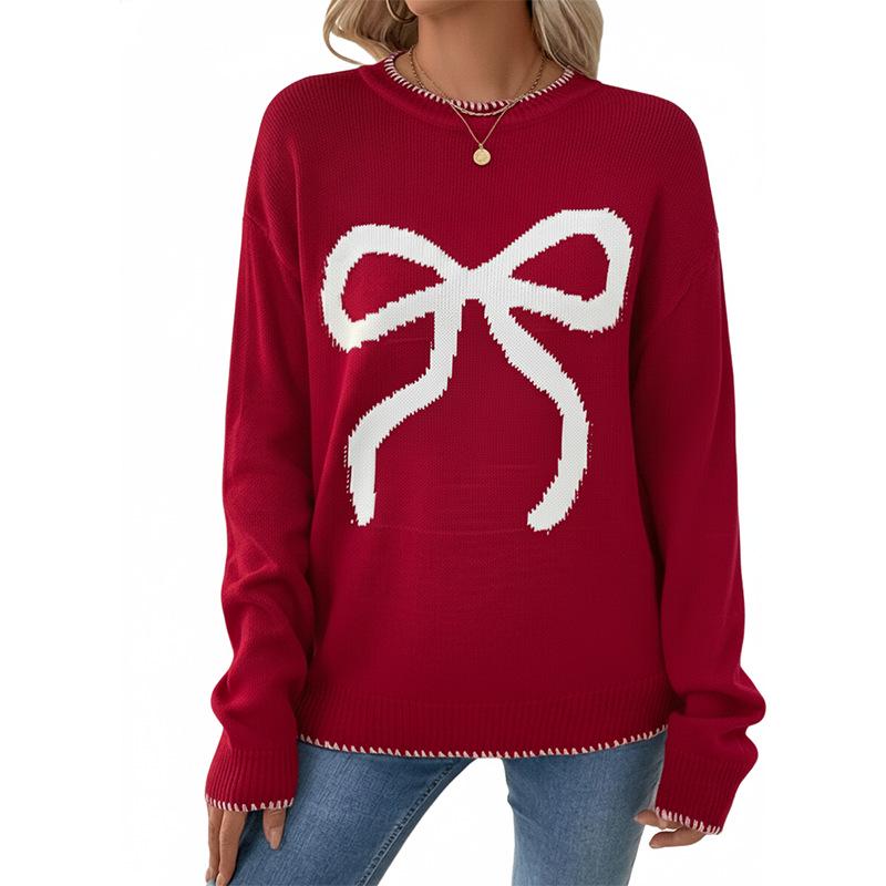 European & American Sweet Style Women's Bow Christmas Sweater - 2025 Autumn/Winter Round Neck Pullover