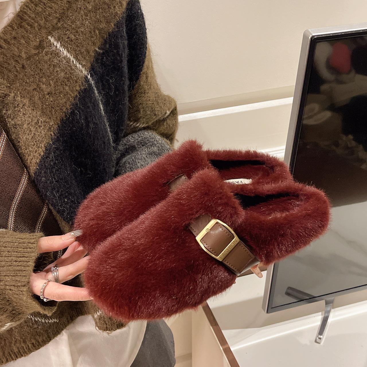 

Suede half-pack of fluffy slippers for women to wear in the autumn and winter of 2024, one-footed flat-bottomed lazy bag head half-towed cotton sli 40 червоний