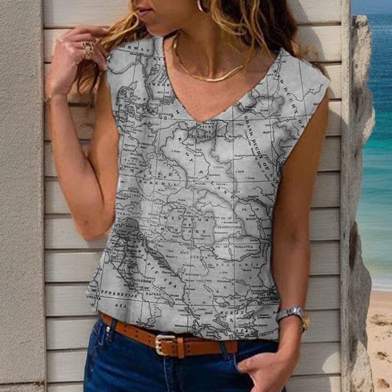 Women Summer Map Printed V Neck Sleeveve Casual T-shirt Top