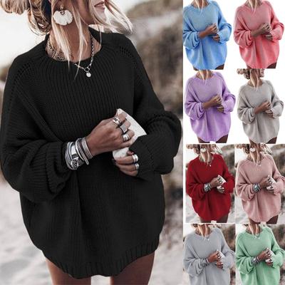 Suéter holgado de punto de manga larga con cuello redondo para otoño e invierno para mujer