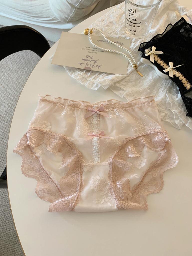 Ladies Summer Sexy Lace Bow Soft Pure Net Yarn Pure Cotton File High Waist Briefs