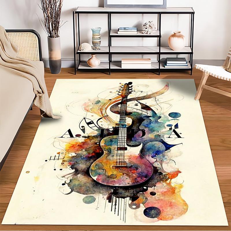 Colorful Artistic Guitar Watercolor Pattern Abstract Music Carpet Design Suitable for Use As an Anti-slip for Living Room Bedroom Sofas
