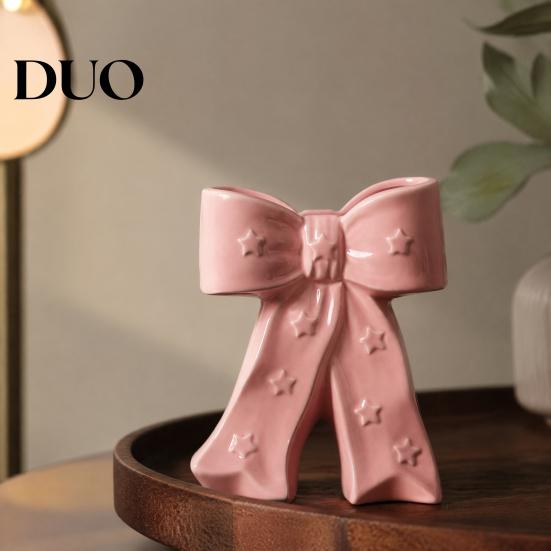 Dried Flower Holder Ceramic Bow Vase with Star, Decorative Flowers Vase, Creative Romantic Home Accessories Arrangement for Living Room Table