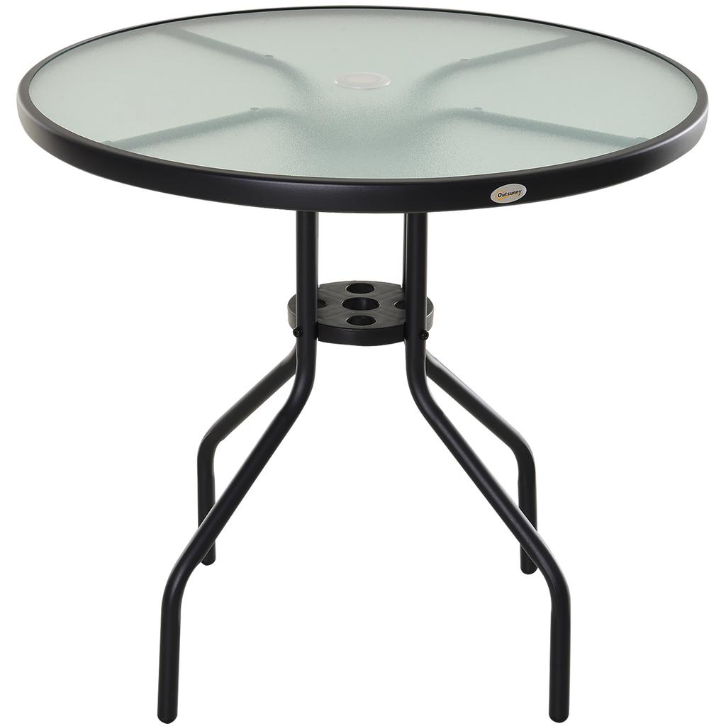 80 cm Schwarzer Runder Garten-Esstisch, Outdoor Kaffee Bistro Beistelltisch mit gehärteter Glasplatte und Stahlrahmen für Terrasse, Veranda