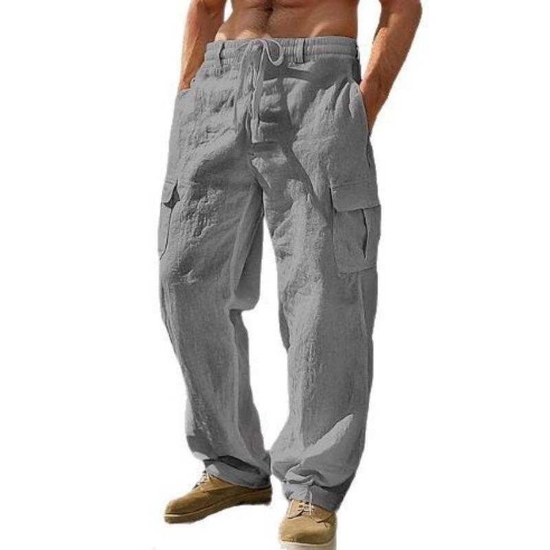Amazon's new men's cotton and linen four-season thin breathable tooling multi-pocket loose casual trend wide-leg pants
